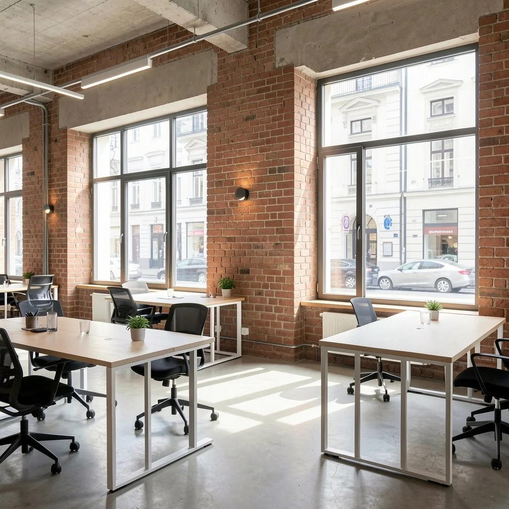 Główna sala coworkingowa typu open space z ergonomicznymi stanowiskami pracy