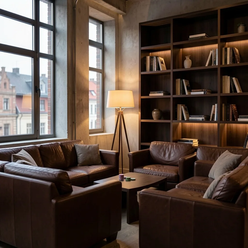 Strefa wypoczynku lounge z wygodnymi kanapami i biblioteczką z literaturą biznesową